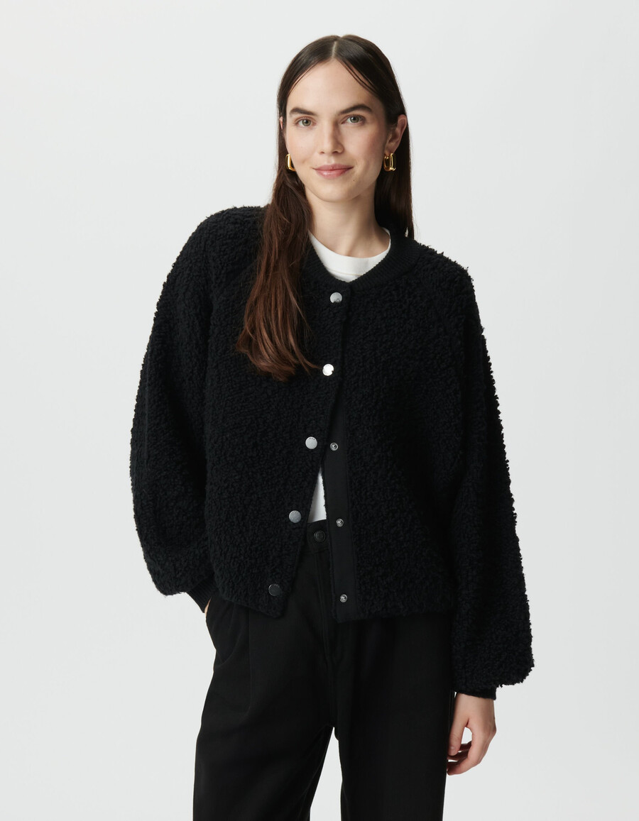 schwarzer bouclète-strickcardigan für damen