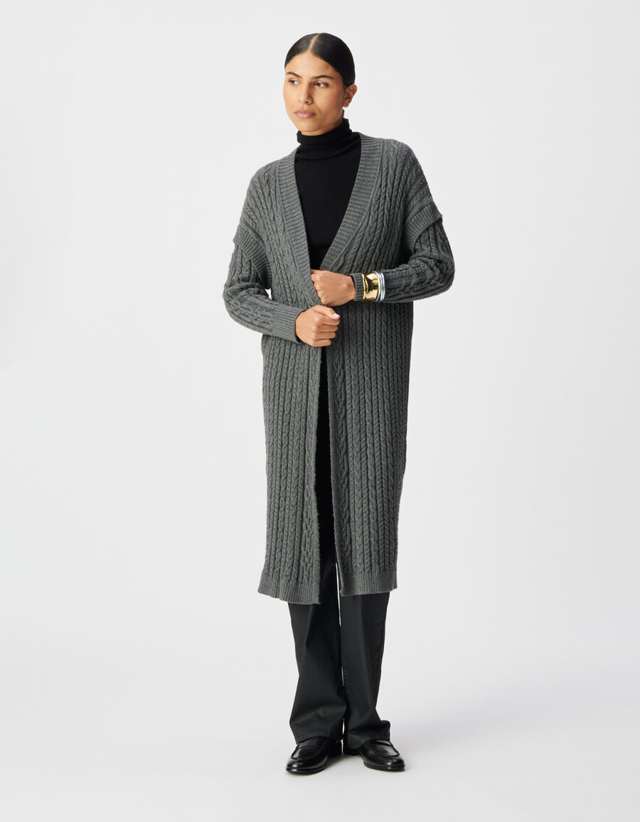grauer langer zopfstrick-cardigan für damen