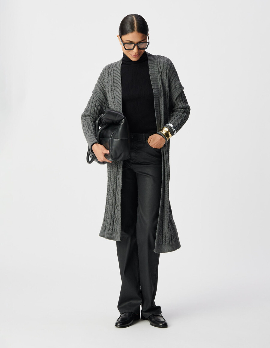 grauer langer zopfstrick-cardigan für damen