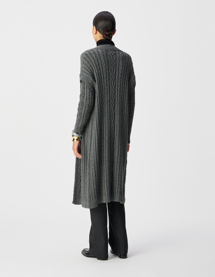 grauer langer zopfstrick-cardigan für damen