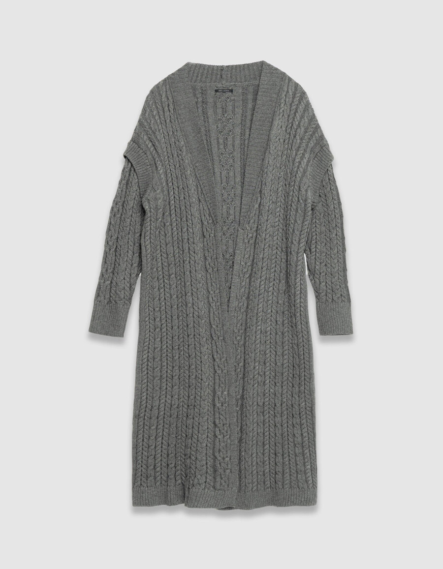 grauer langer zopfstrick-cardigan für damen