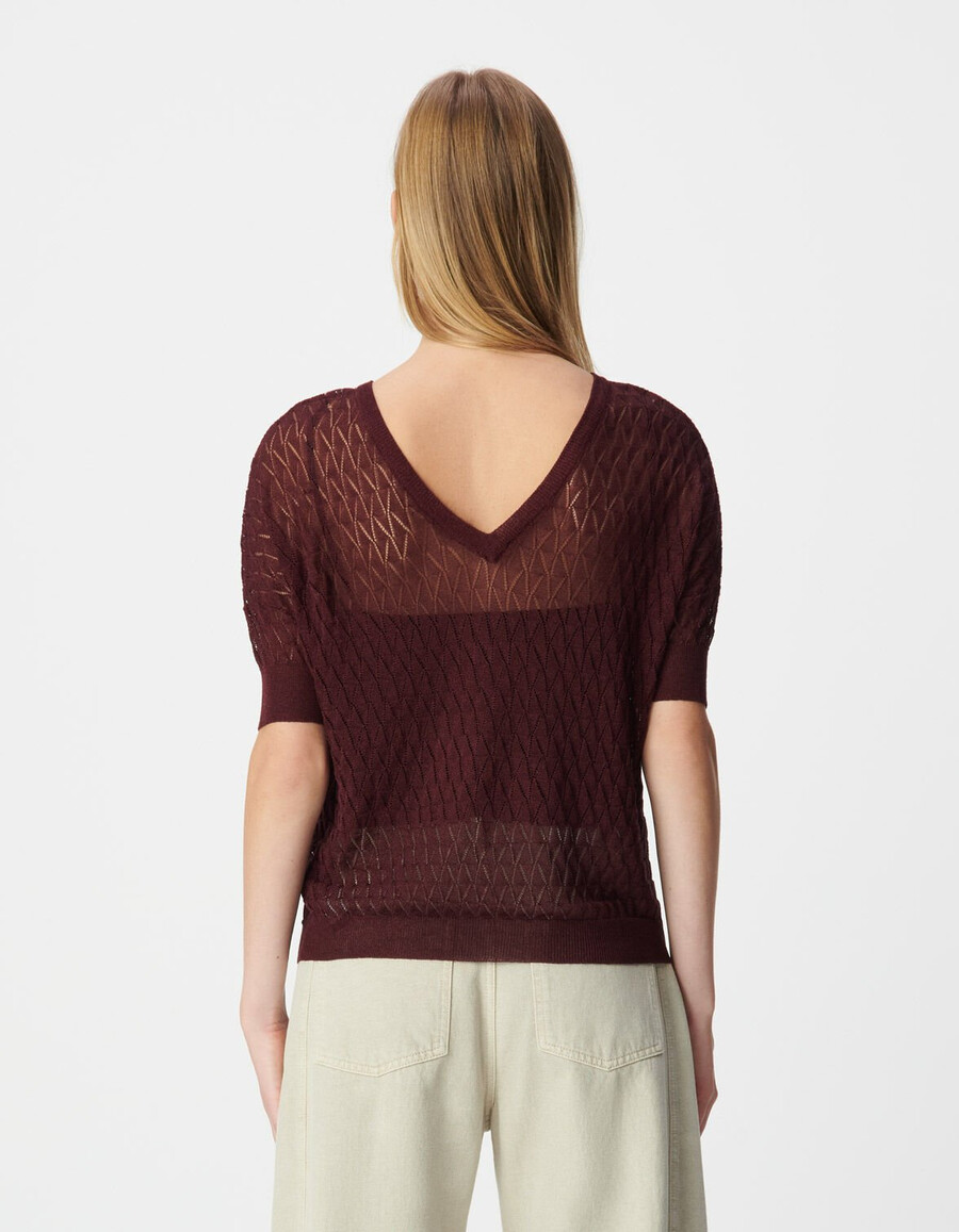 damenpullover aus burgunderrotem feinstrick mit lurex-aperturmuster