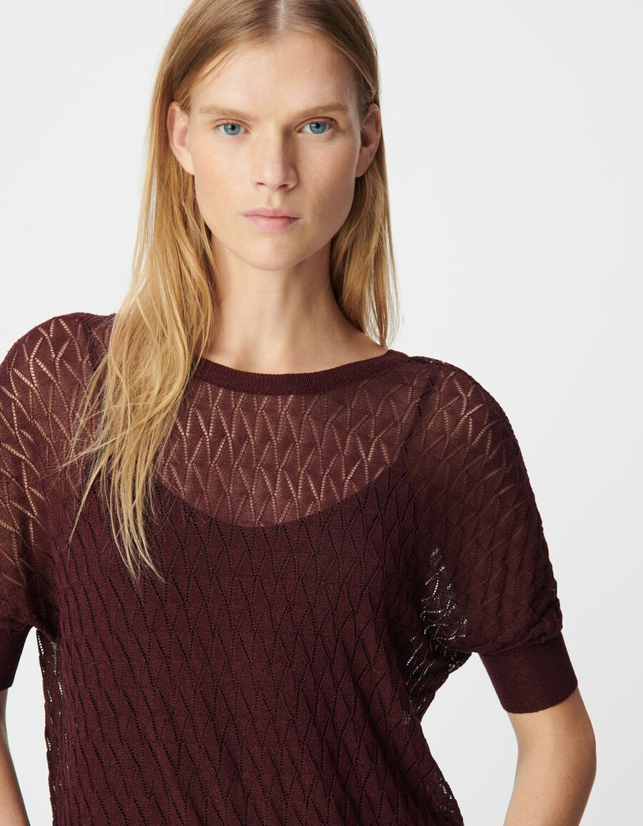damenpullover aus burgunderrotem feinstrick mit lurex-aperturmuster