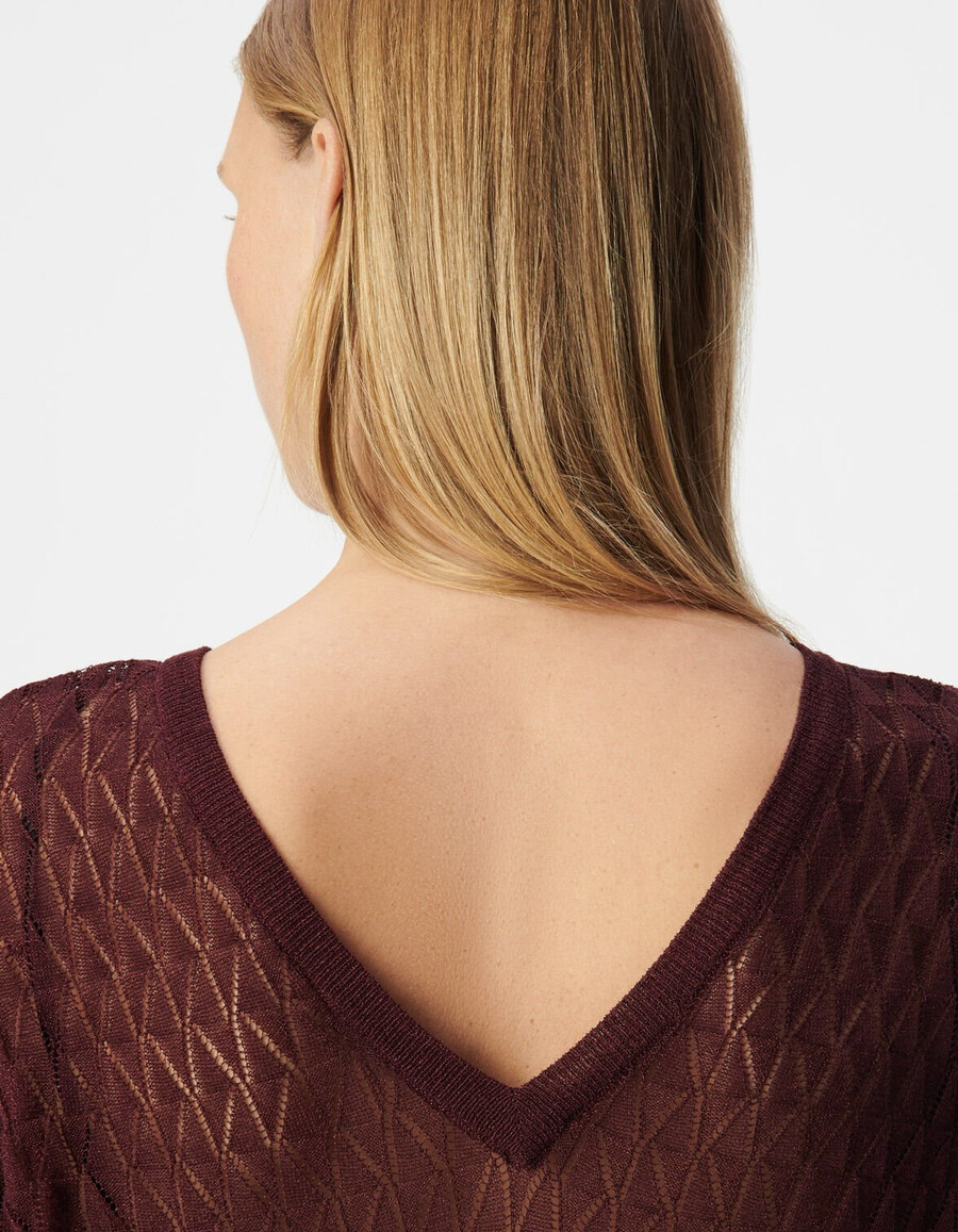 damenpullover aus burgunderrotem feinstrick mit lurex-aperturmuster