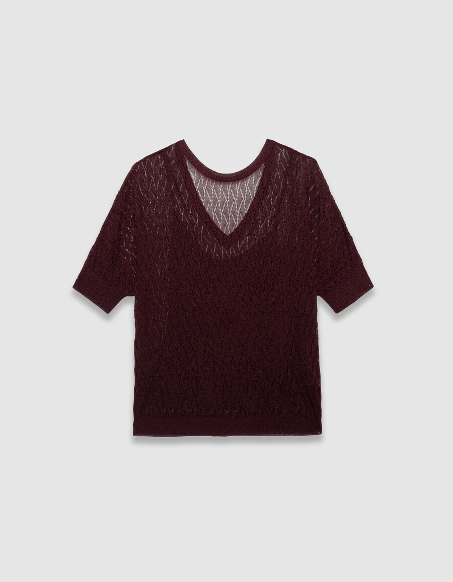 damenpullover aus burgunderrotem feinstrick mit lurex-aperturmuster