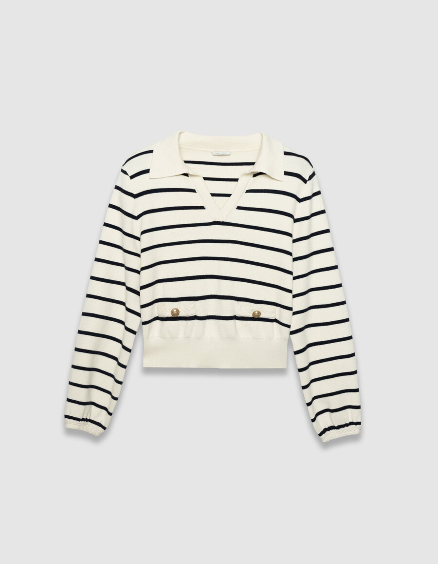 weißer damen-strickpullover mit matrosenstreifen poloshirt-ausschnitt