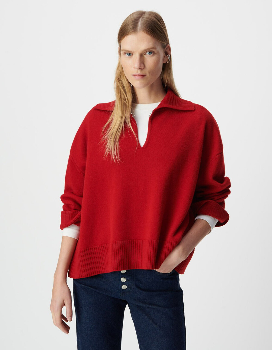 roter tartan-jacquard-pullover mit stehkragen für damen