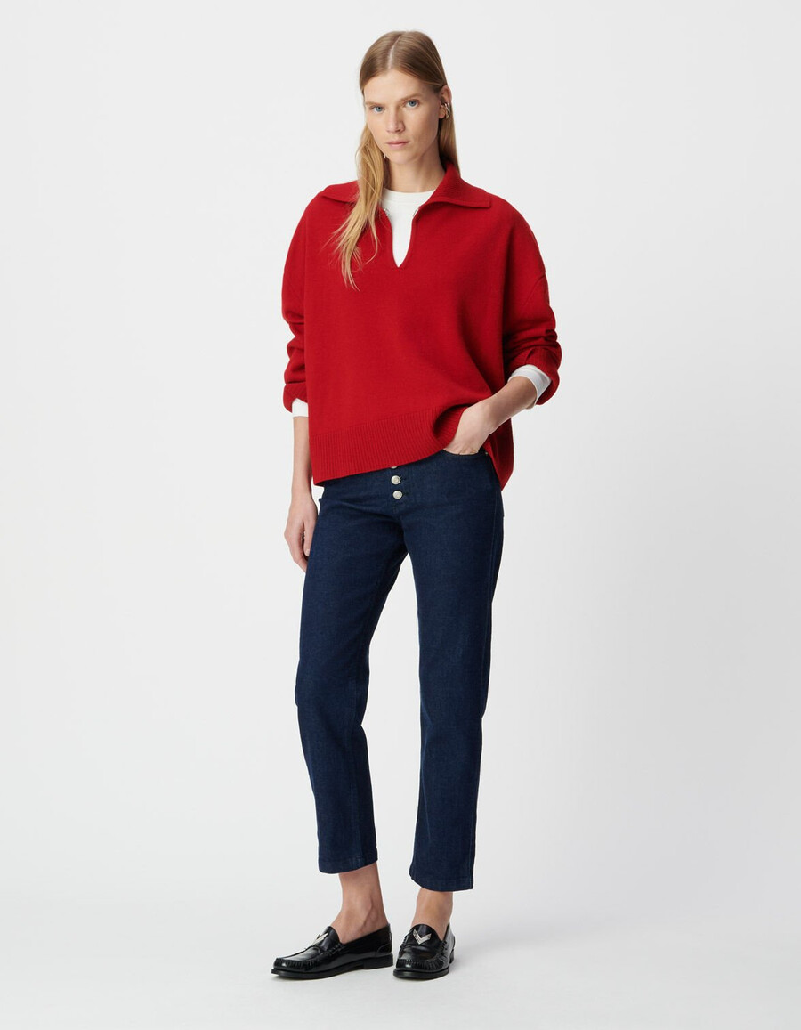 roter tartan-jacquard-pullover mit stehkragen für damen