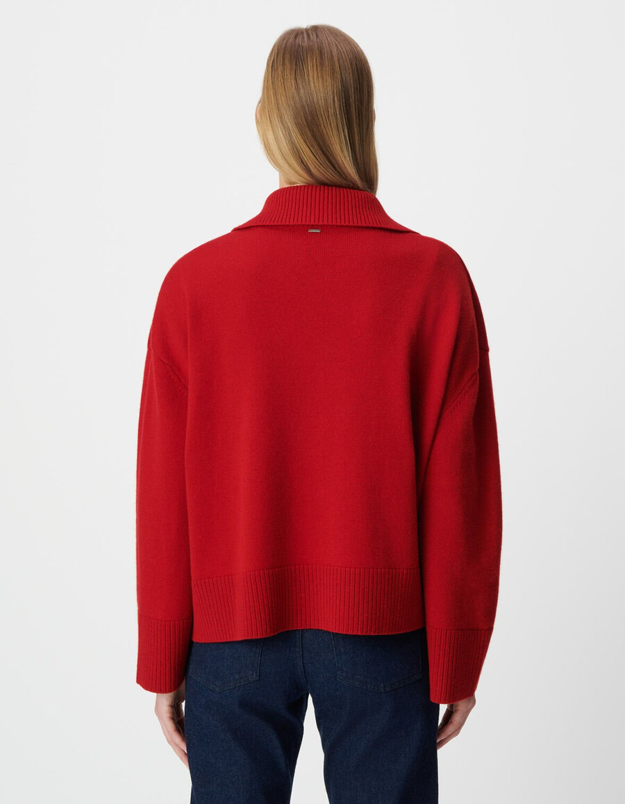 roter tartan-jacquard-pullover mit stehkragen für damen
