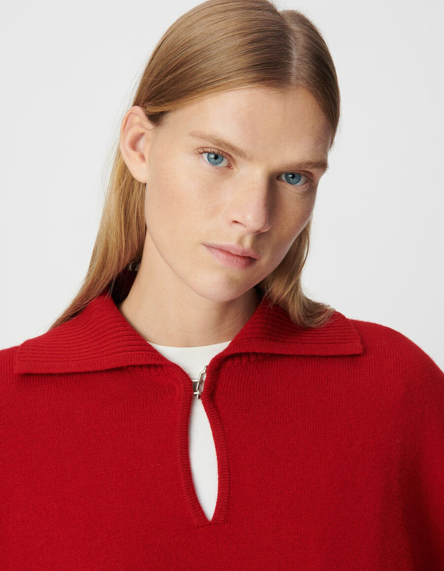 roter tartan-jacquard-pullover mit stehkragen für damen