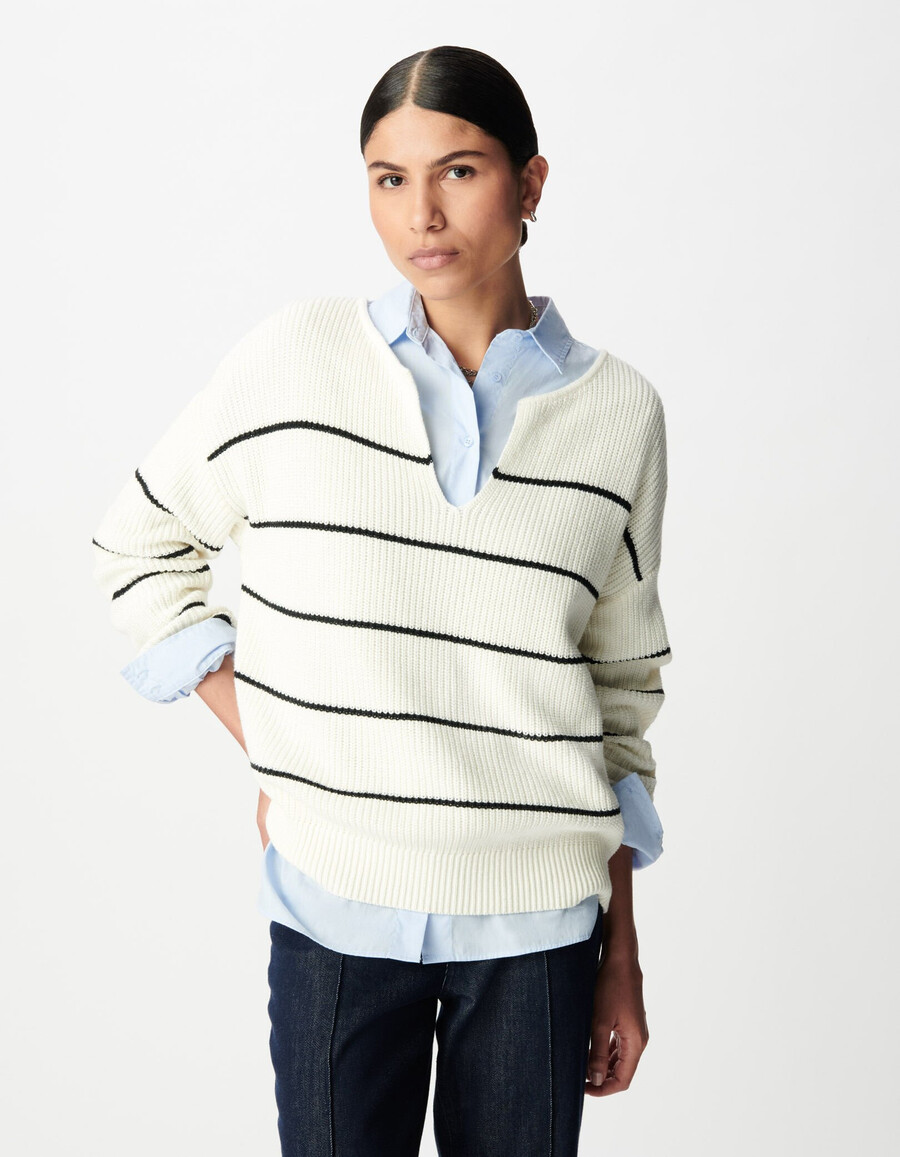 schwarzer gestreifter oversize-strickpullover im matrosenstil für damen