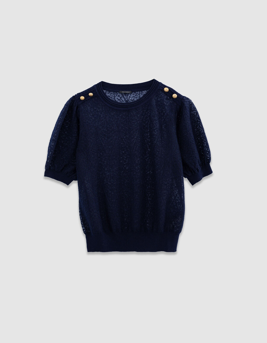 damenpullover in marineblau mit lochmuster und geknöpften schultern