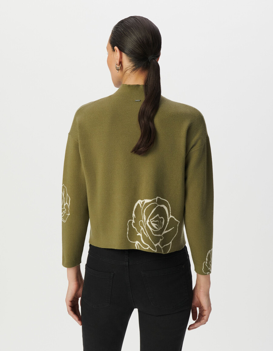 damenpullover mit stehkragen und jacquardmuster in grün mit rosenmuster
