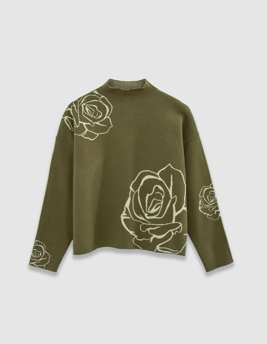 damenpullover mit stehkragen und jacquardmuster in grün mit rosenmuster