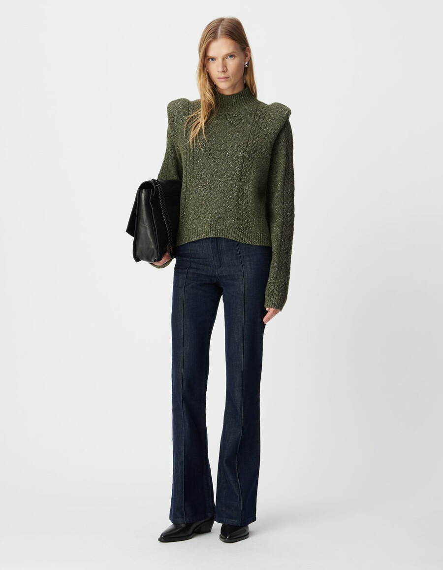 damen-strickpullover aus khakifarbenem lurex-stoff mit schulterklappen und zopfmuster