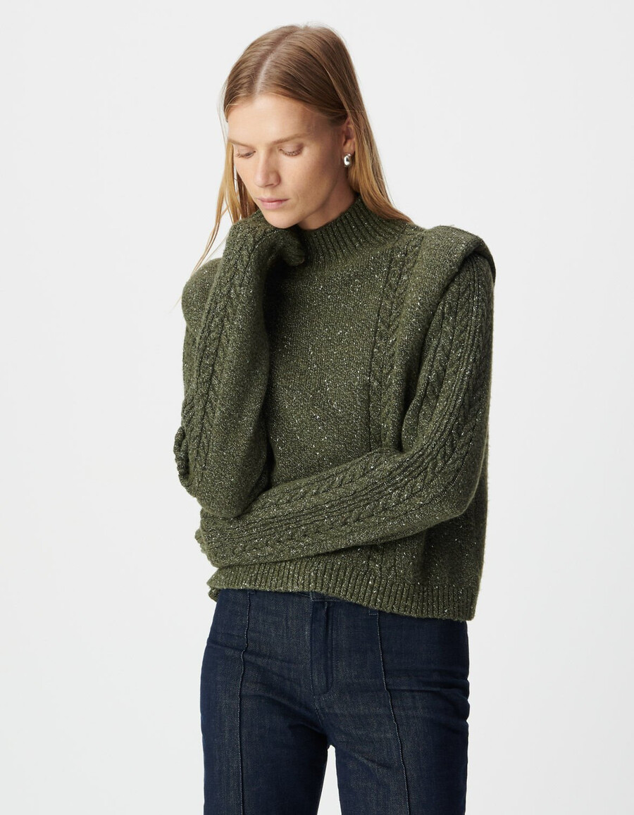 damen-strickpullover aus khakifarbenem lurex-stoff mit schulterklappen und zopfmuster