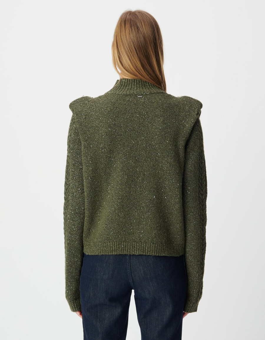 damen-strickpullover aus khakifarbenem lurex-stoff mit schulterklappen und zopfmuster