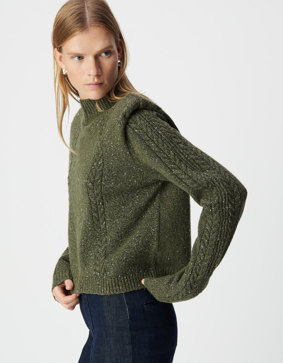 damen-strickpullover aus khakifarbenem lurex-stoff mit schulterklappen und zopfmuster