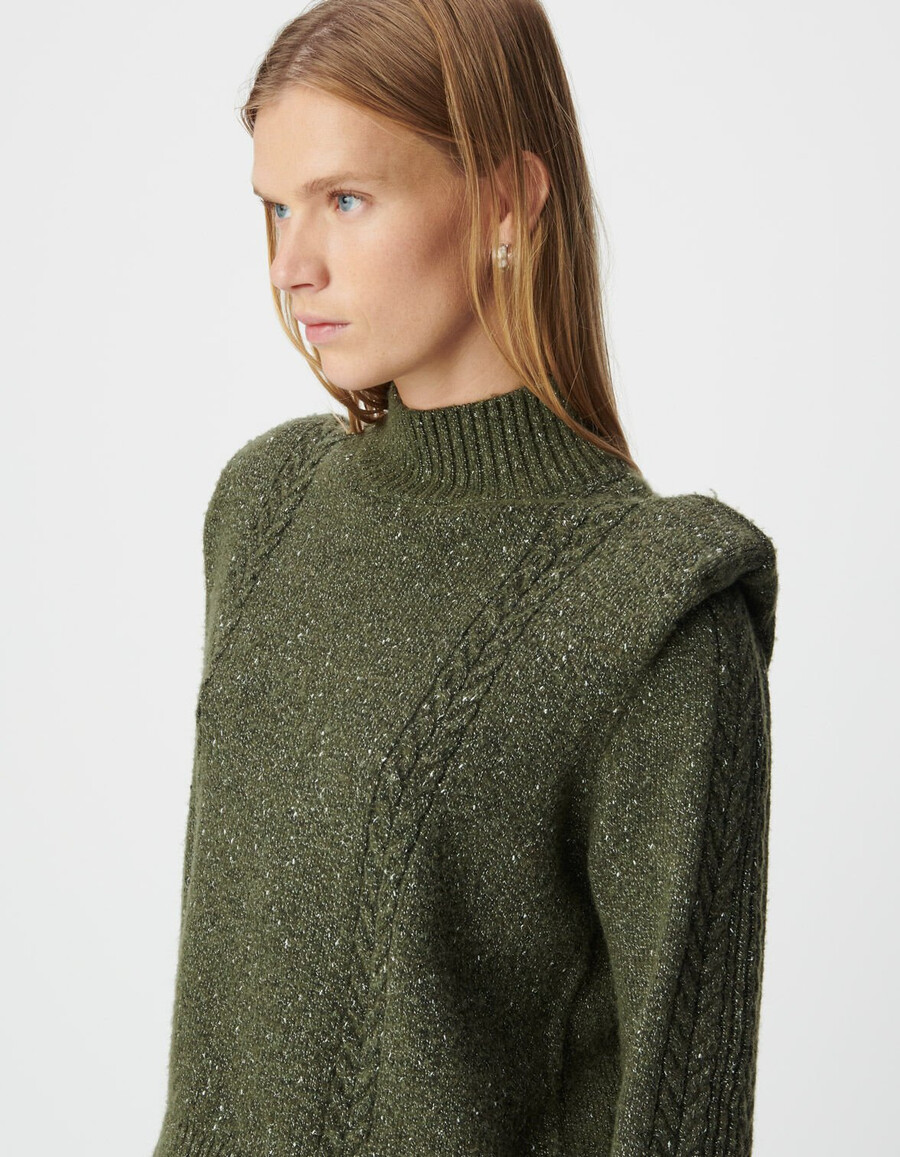 damen-strickpullover aus khakifarbenem lurex-stoff mit schulterklappen und zopfmuster