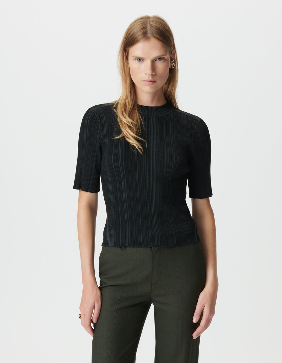 schwarzer gestreifter figurbetonter strickpullover für damen
