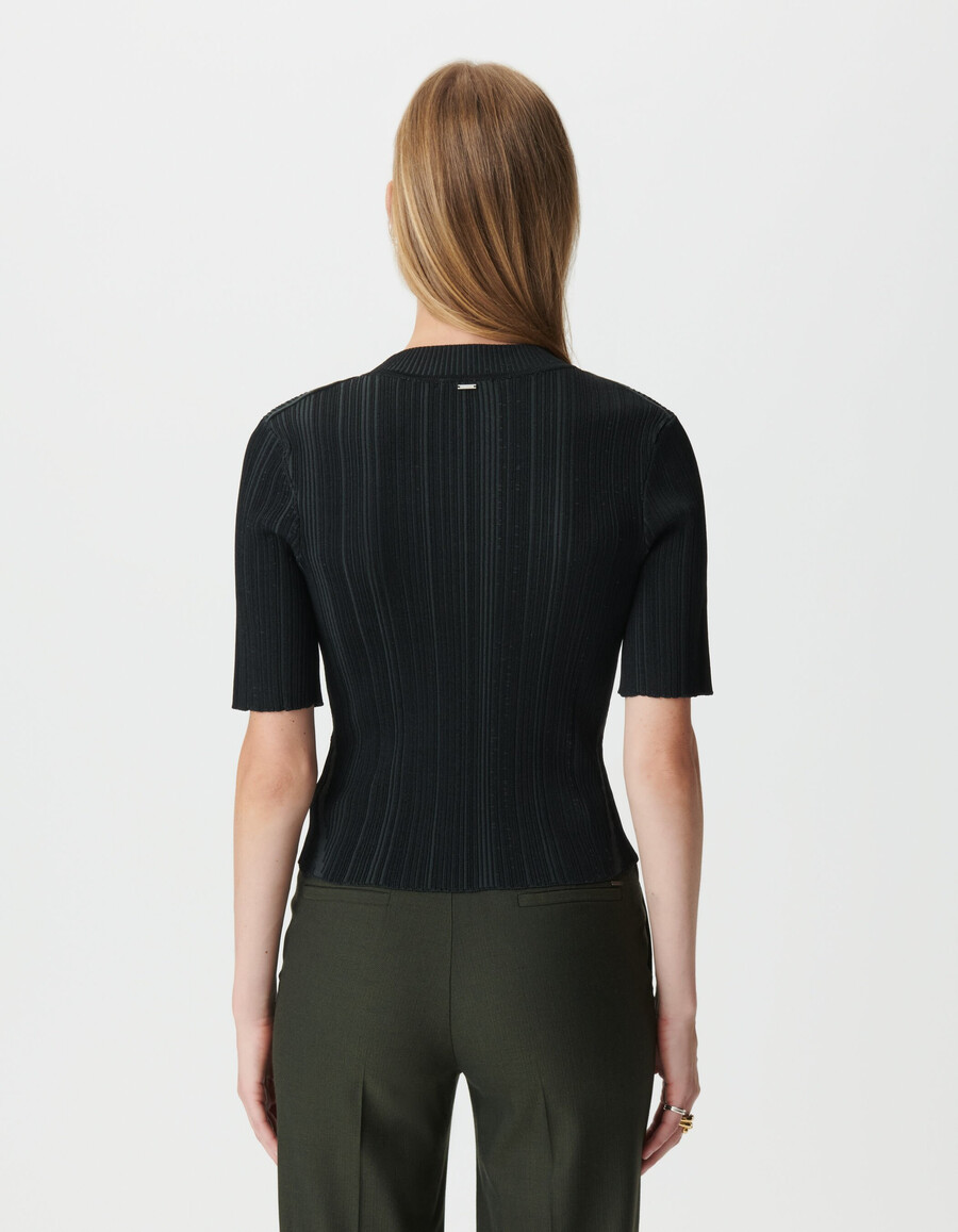 schwarzer gestreifter figurbetonter strickpullover für damen
