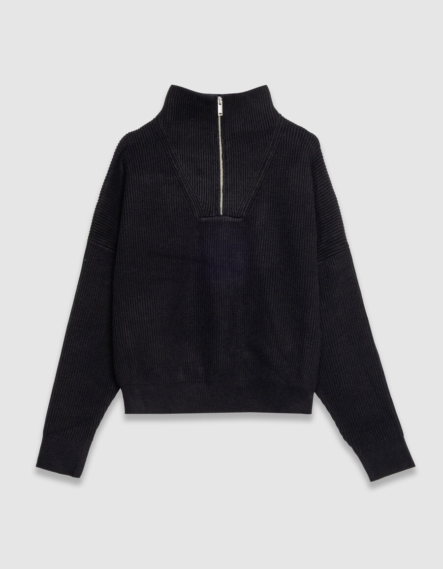 schwarzer damen-rippstrickpullover mit reißverschluss am kragen