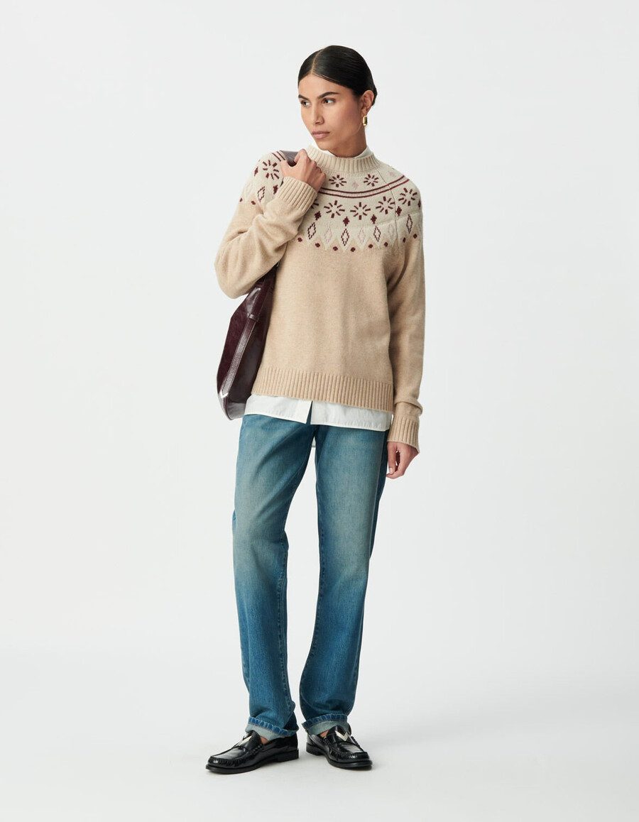 beigefarbener dekorativer jacquard-strickpullover für damen