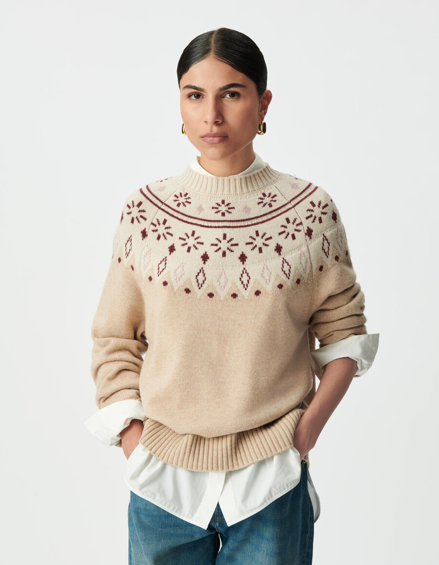 beigefarbener dekorativer jacquard-strickpullover für damen