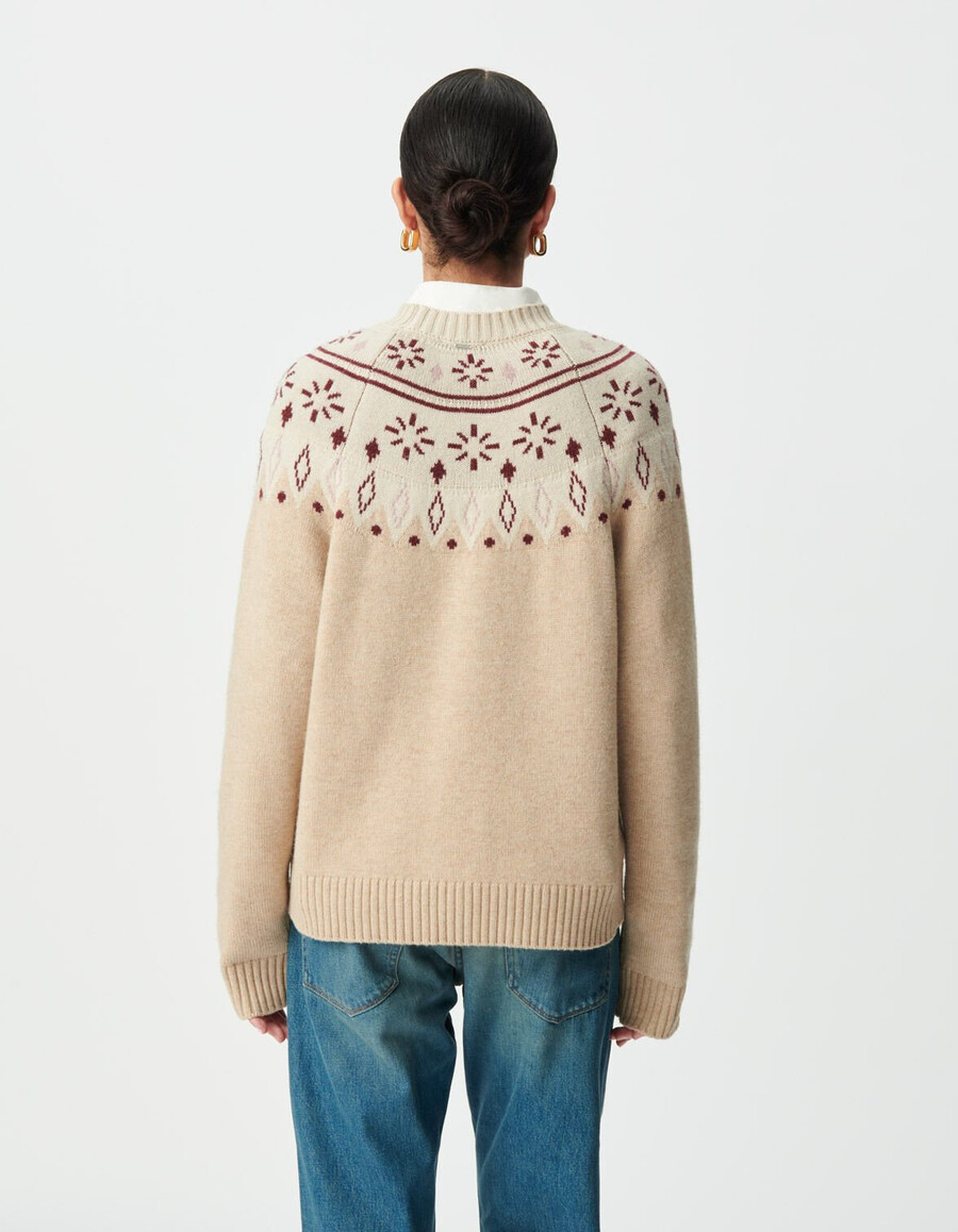 beigefarbener dekorativer jacquard-strickpullover für damen