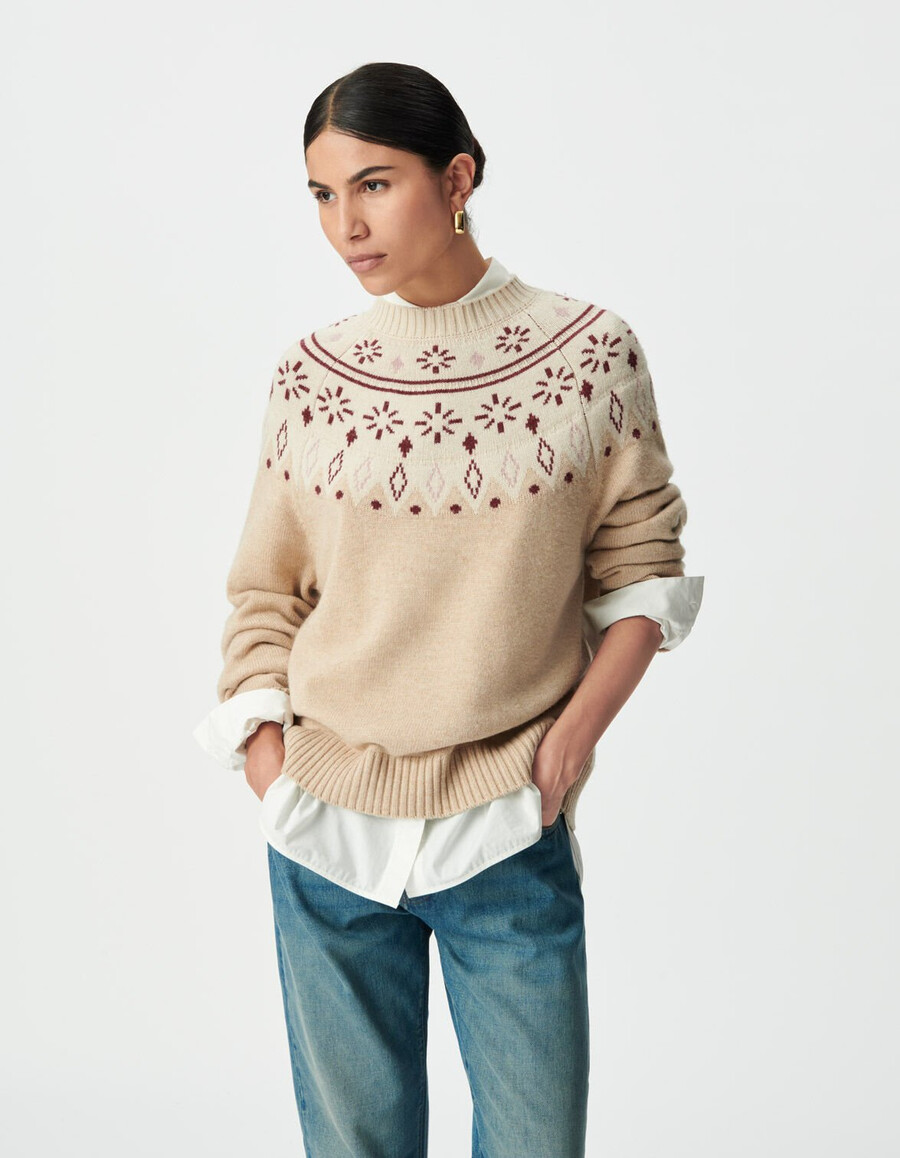 beigefarbener dekorativer jacquard-strickpullover für damen