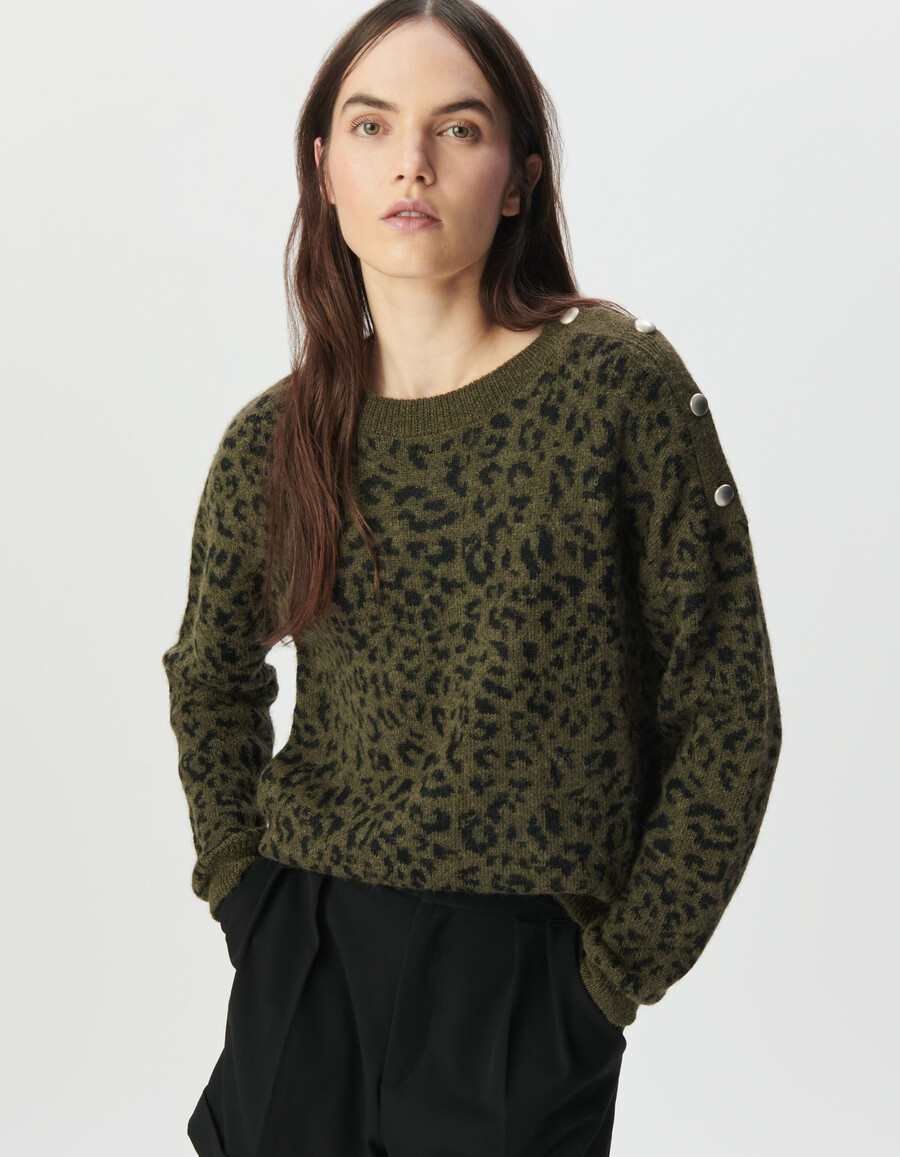 damen-strickpullover in khaki mit leoparden-jacquardmuster