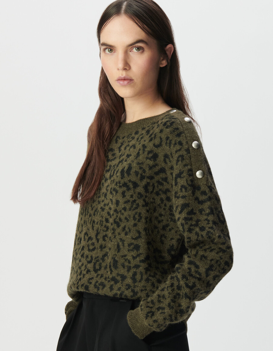 damen-strickpullover in khaki mit leoparden-jacquardmuster