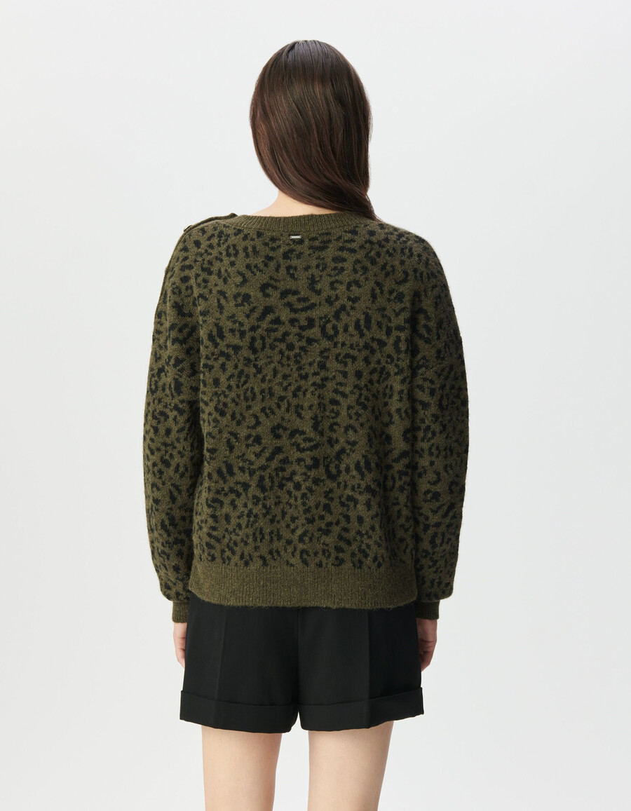 damen-strickpullover in khaki mit leoparden-jacquardmuster
