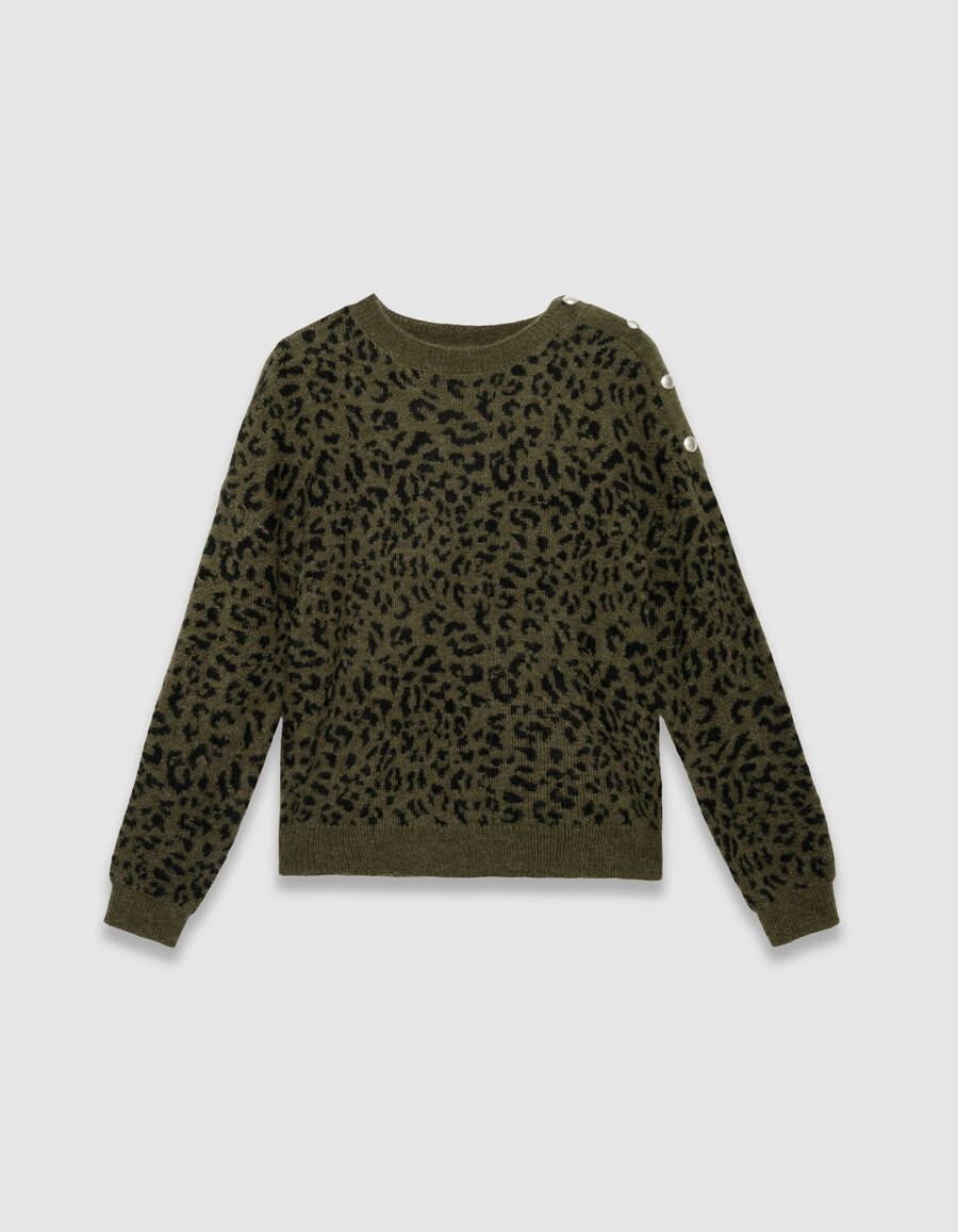 damen-strickpullover in khaki mit leoparden-jacquardmuster