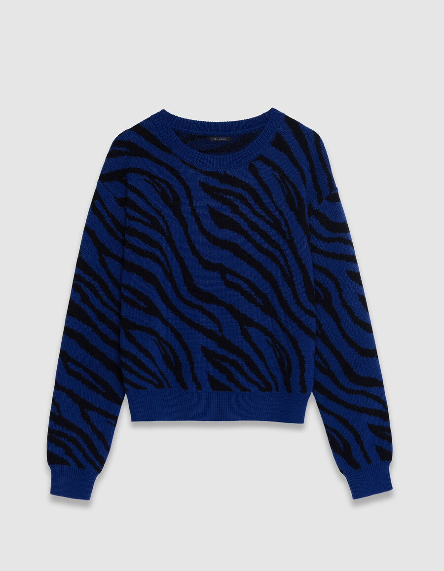 damen-winterpullover aus blauem zebra-strick kurz