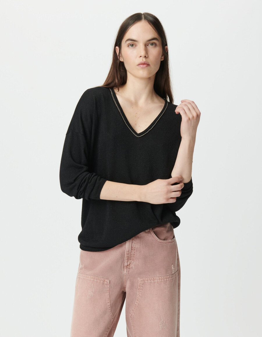 schwarzer damenpullover aus feinem lurex-strick mit rundhalsausschnitt