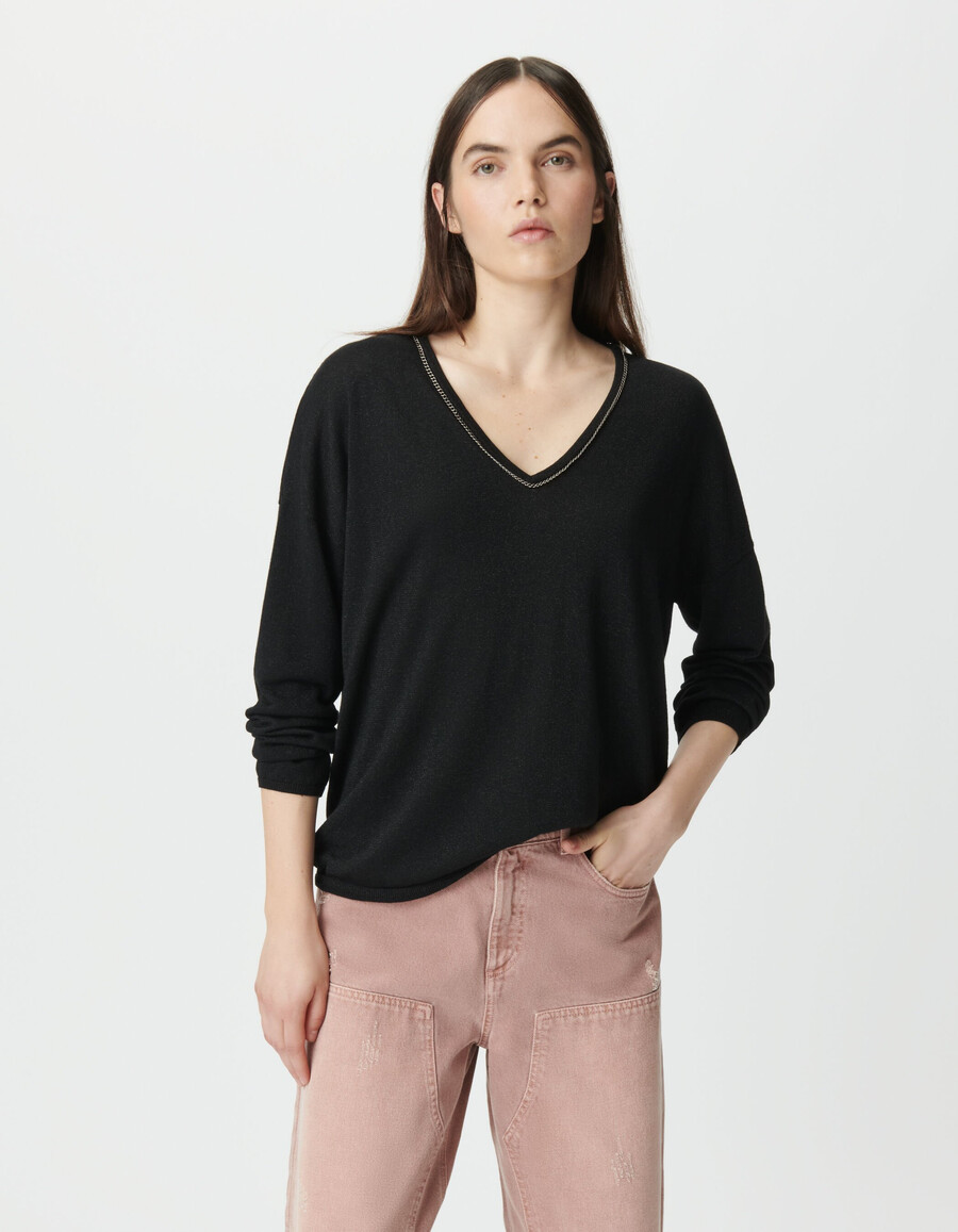 schwarzer damenpullover aus feinem lurex-strick mit rundhalsausschnitt