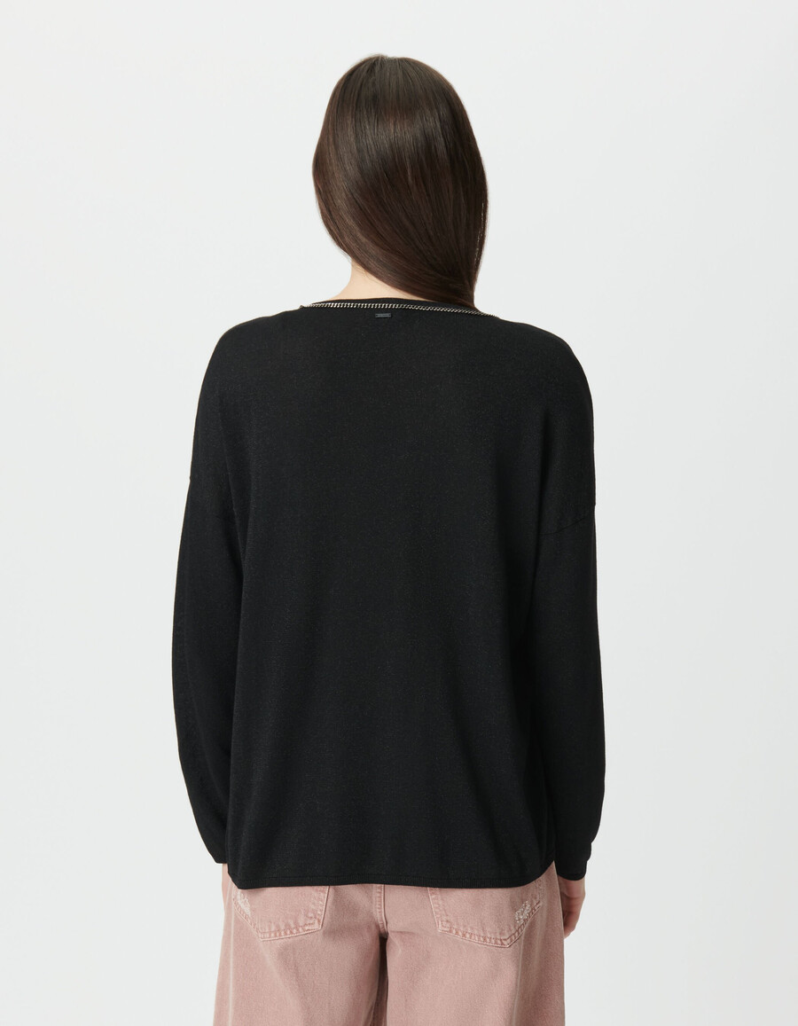 schwarzer damenpullover aus feinem lurex-strick mit rundhalsausschnitt