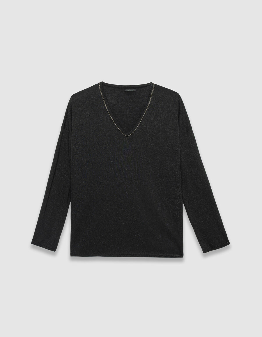 schwarzer damenpullover aus feinem lurex-strick mit rundhalsausschnitt
