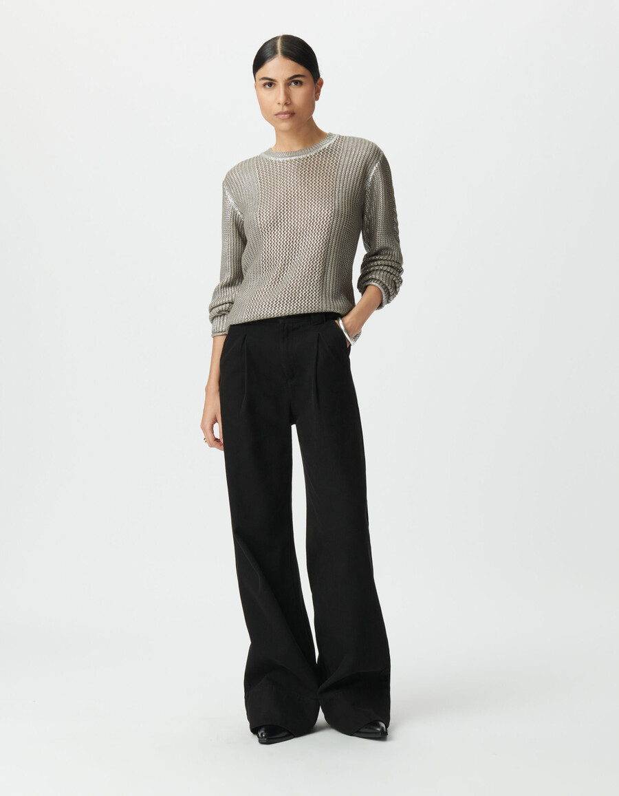 beigefarbener silberbeschichteter dekorativer strickpullover für damen