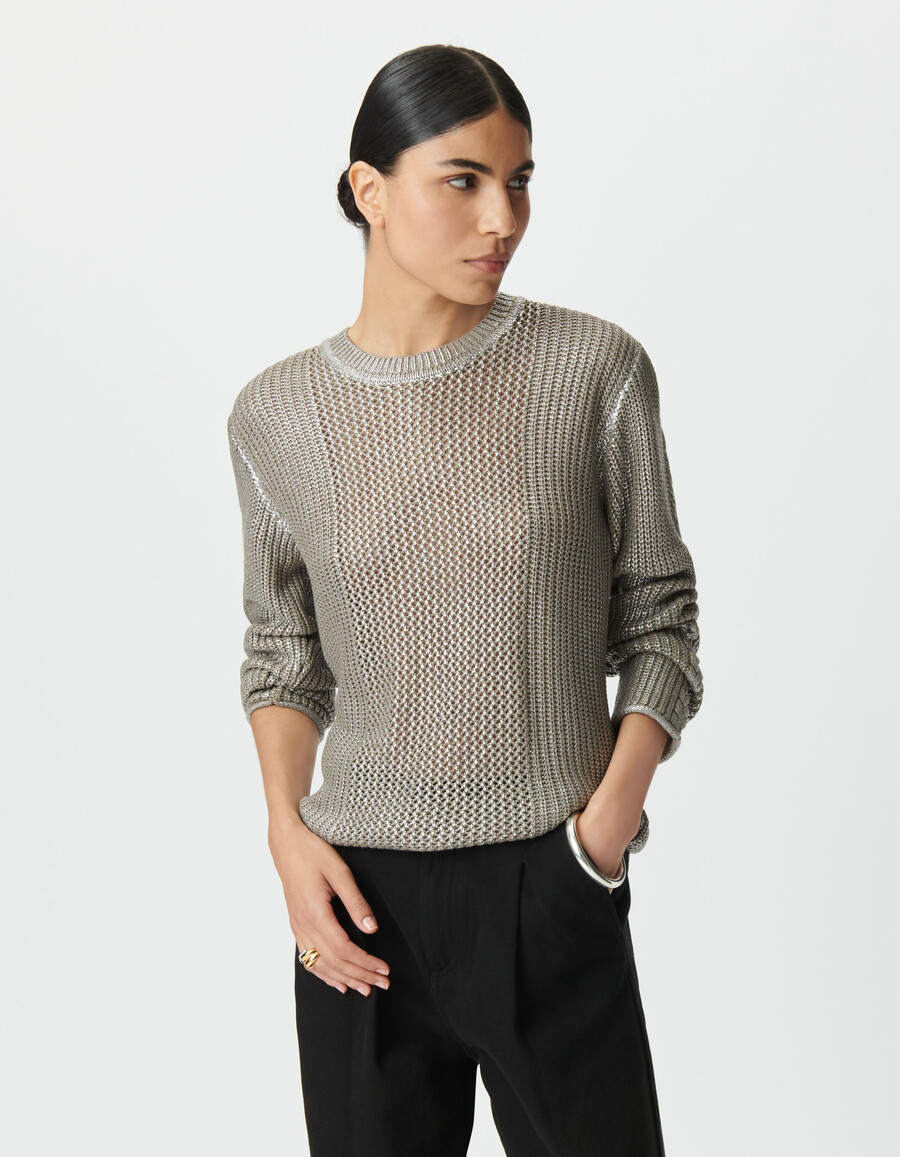 beigefarbener silberbeschichteter dekorativer strickpullover für damen