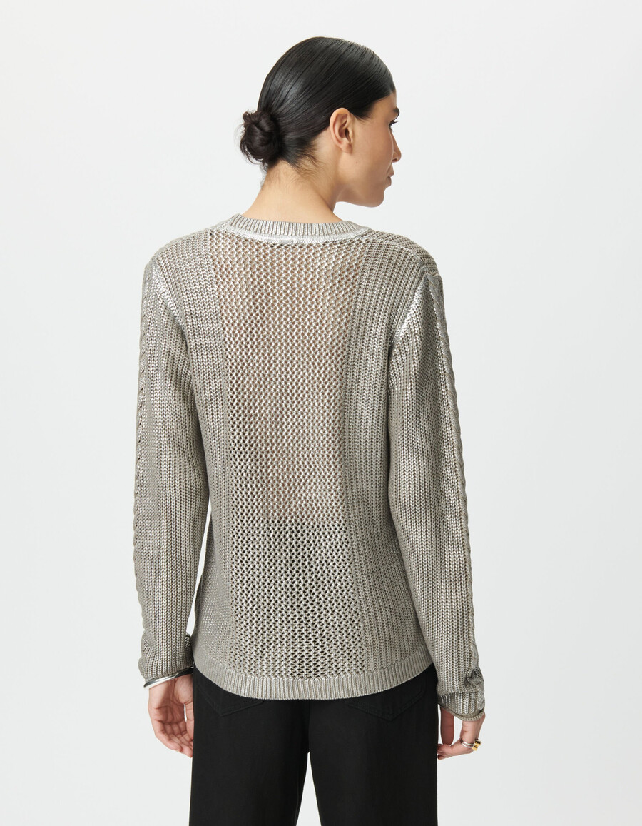 beigefarbener silberbeschichteter dekorativer strickpullover für damen