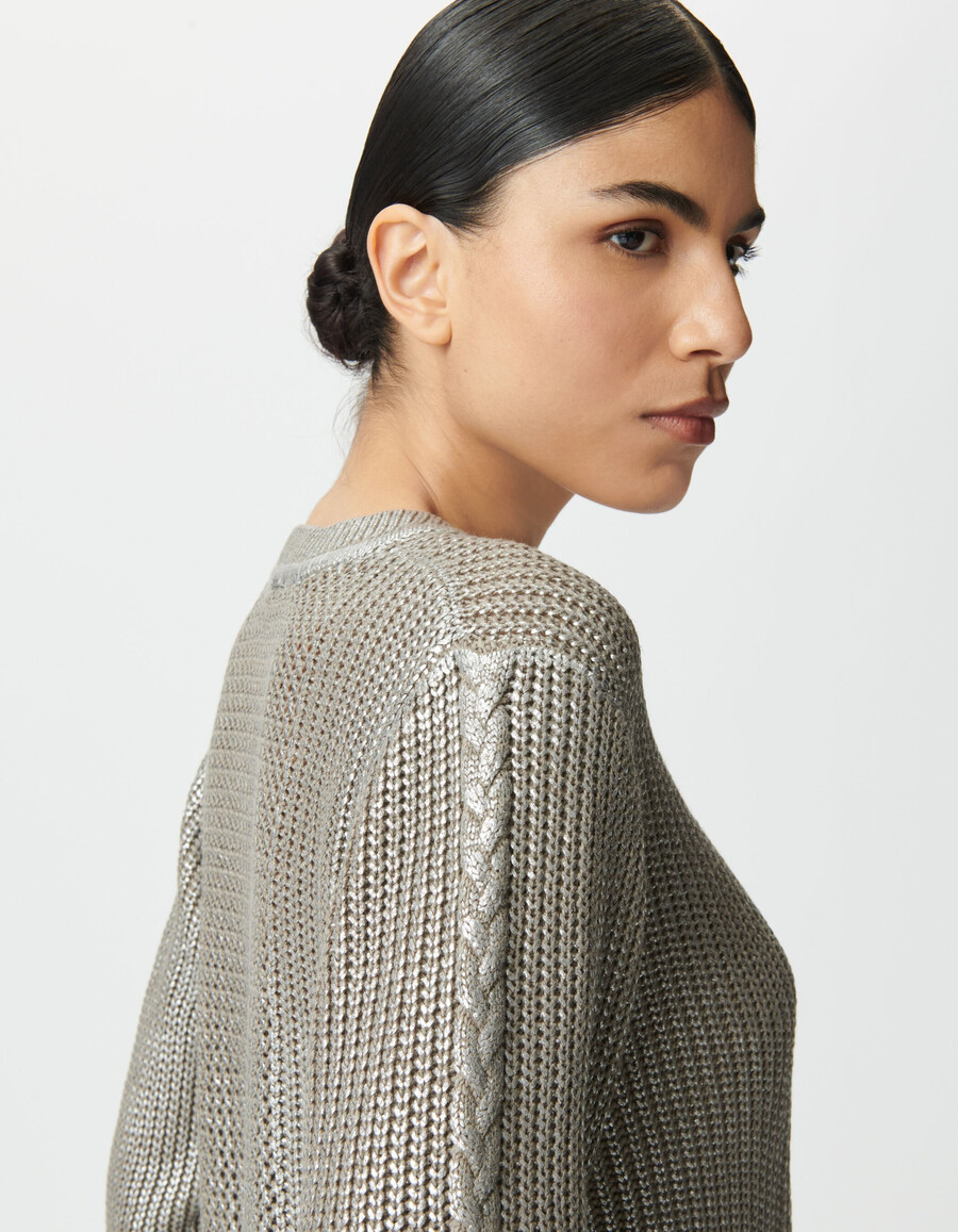 beigefarbener silberbeschichteter dekorativer strickpullover für damen