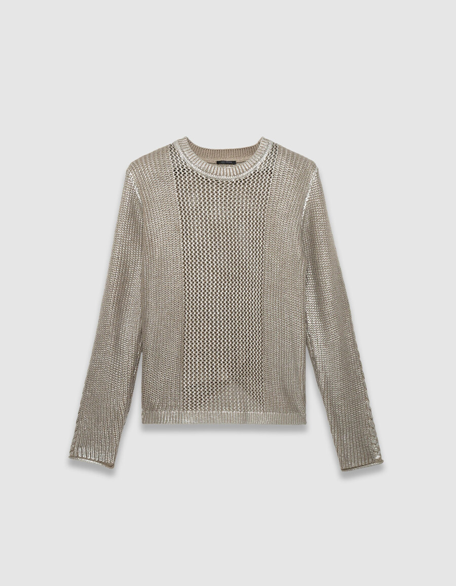 beigefarbener silberbeschichteter dekorativer strickpullover für damen