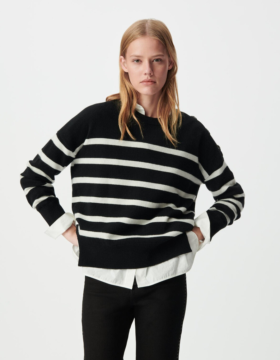 schwarzer ecrufarbener damen-matrosenpullover aus reiner wolle mit knöpfen