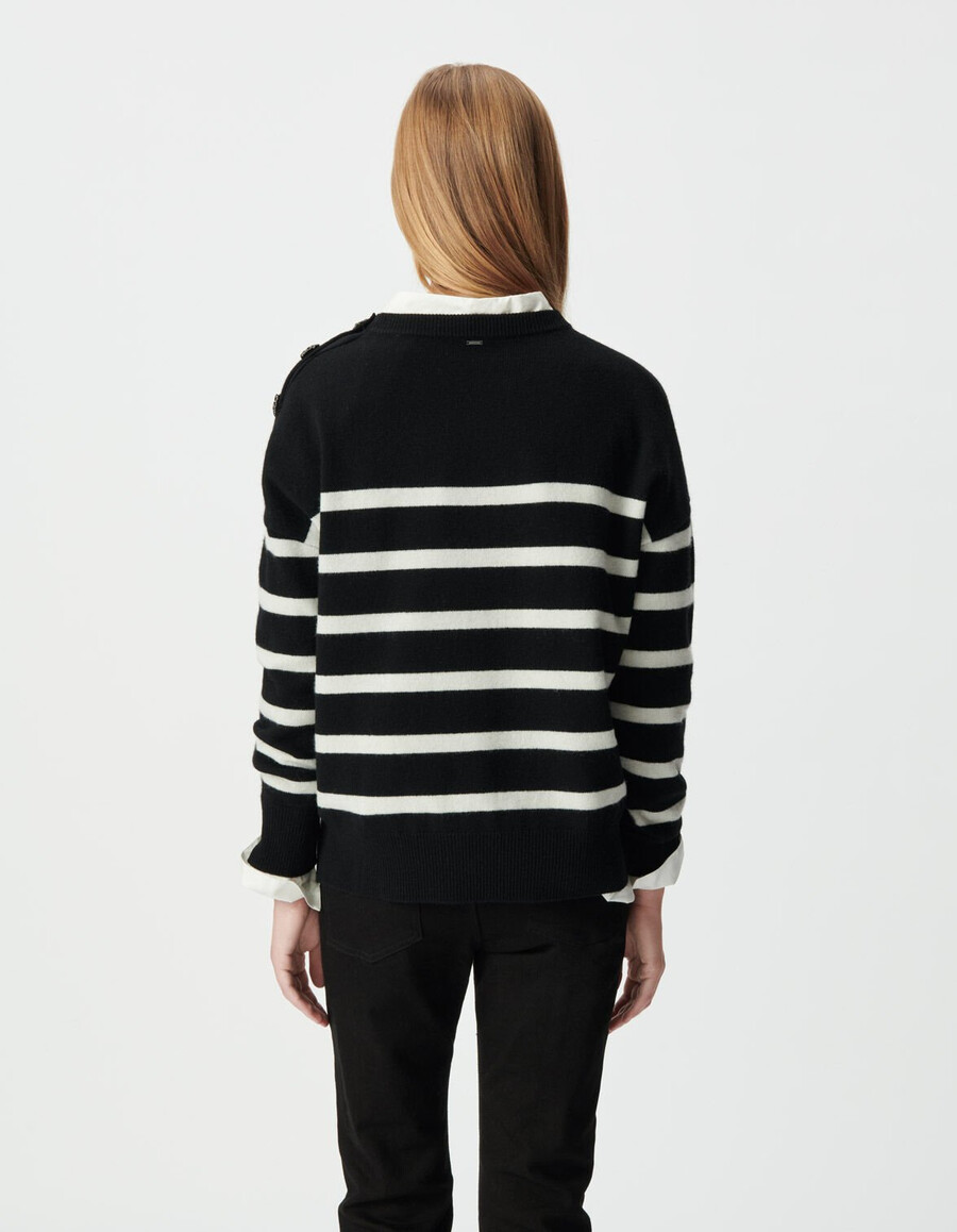 schwarzer ecrufarbener damen-matrosenpullover aus reiner wolle mit knöpfen