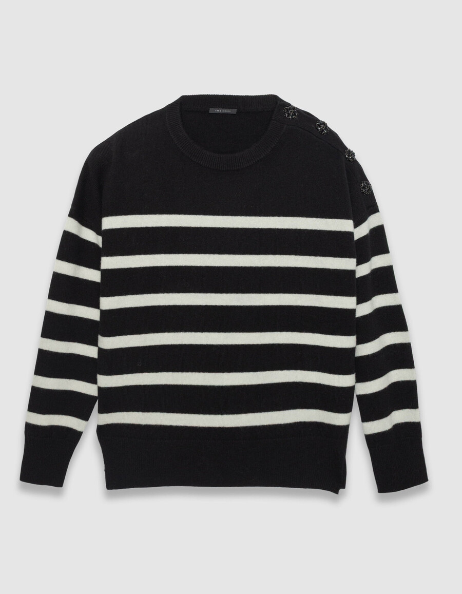 schwarzer ecrufarbener damen-matrosenpullover aus reiner wolle mit knöpfen