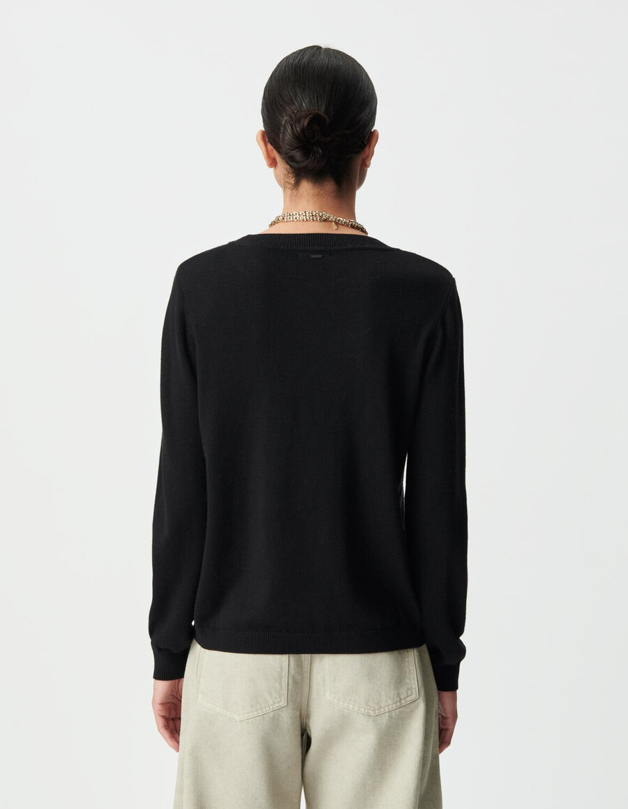 schwarzer damen-strickpullover mit gesticktem slogan