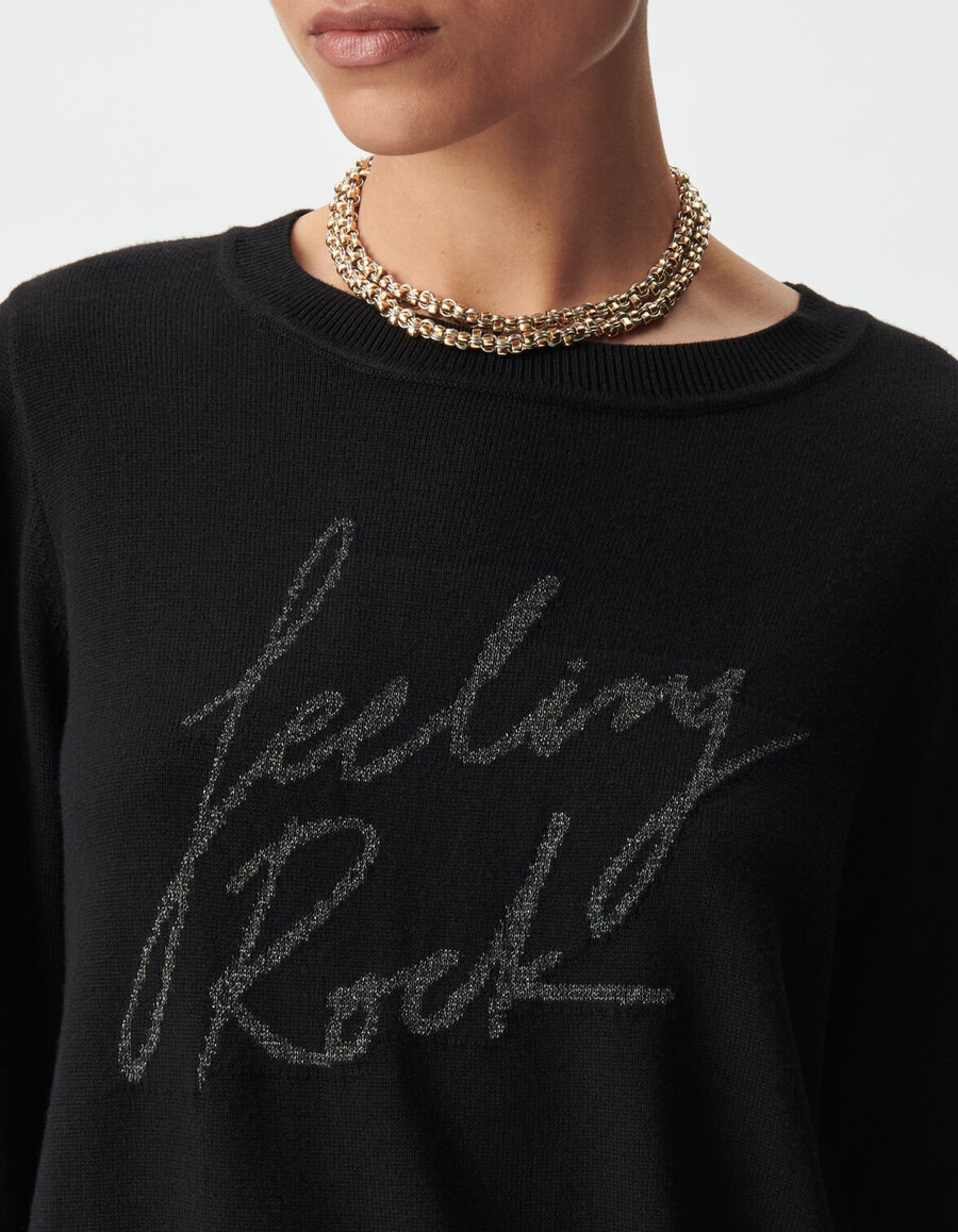 schwarzer damen-strickpullover mit gesticktem slogan