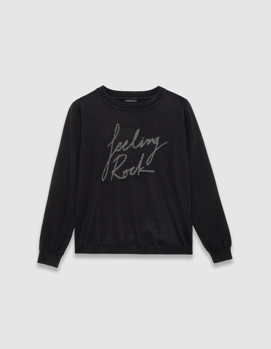 schwarzer damen-strickpullover mit gesticktem slogan